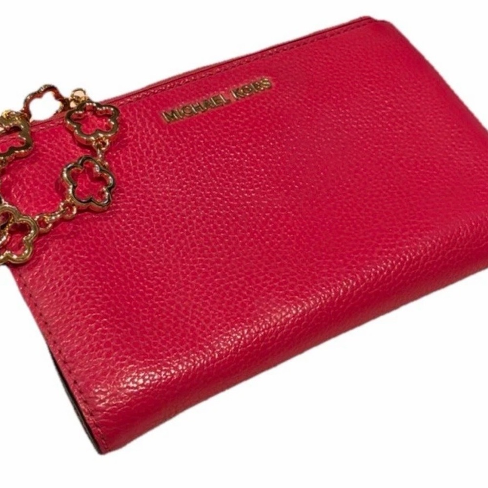 Michael Kors Leather Jet Set Double Zip Bifold Wallet Wristlet Bright Pink - Picture 5 of 16